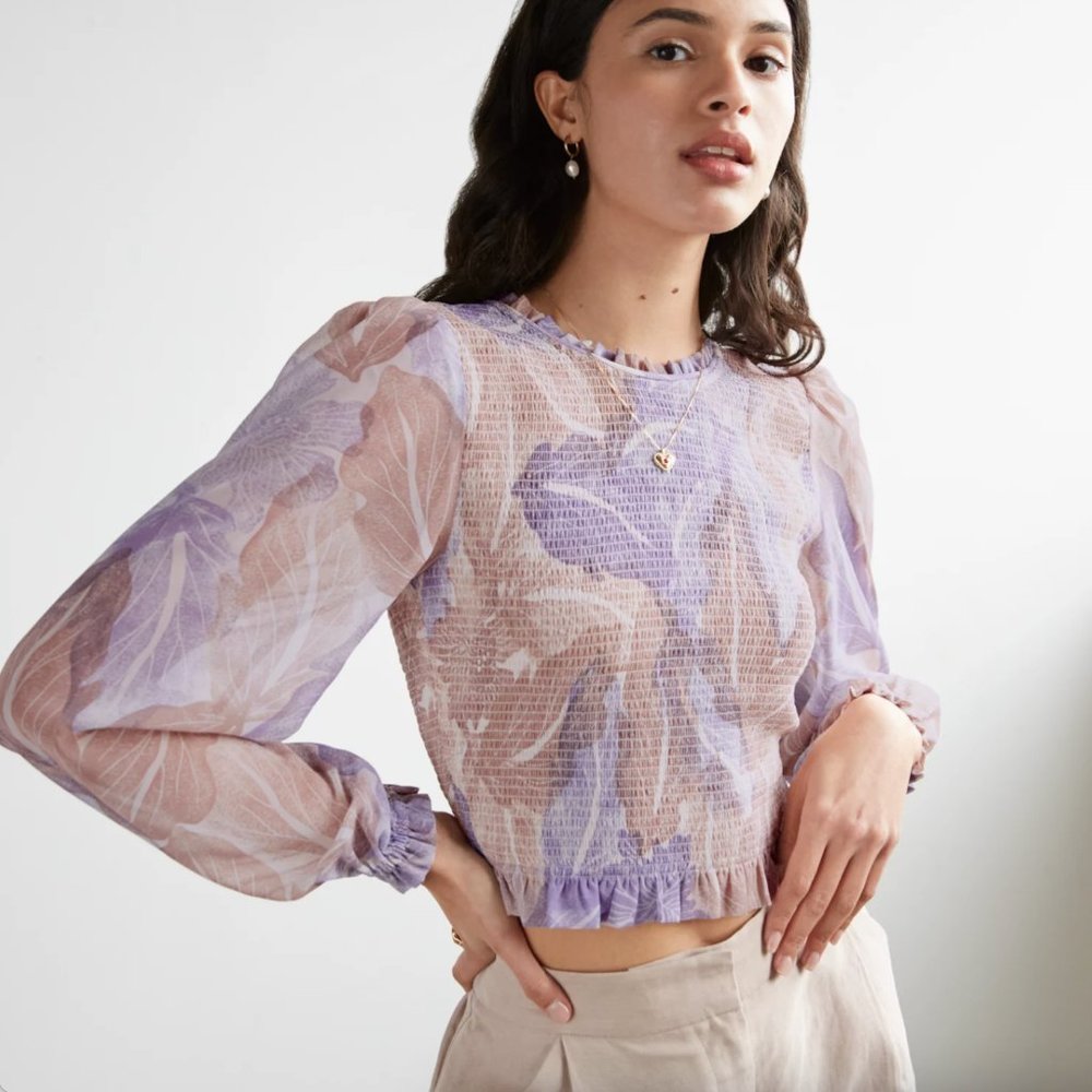 Aritzia Wilfred Lavender Sheer Floral Long Sleeve Smocked Top size small